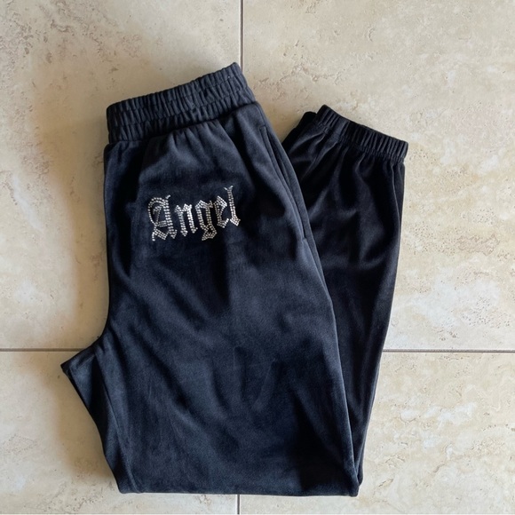 Love Streak Pants - Velour Angel Rhinestone Embellished Black Jogger Pants Y2K Loungewear Size Large